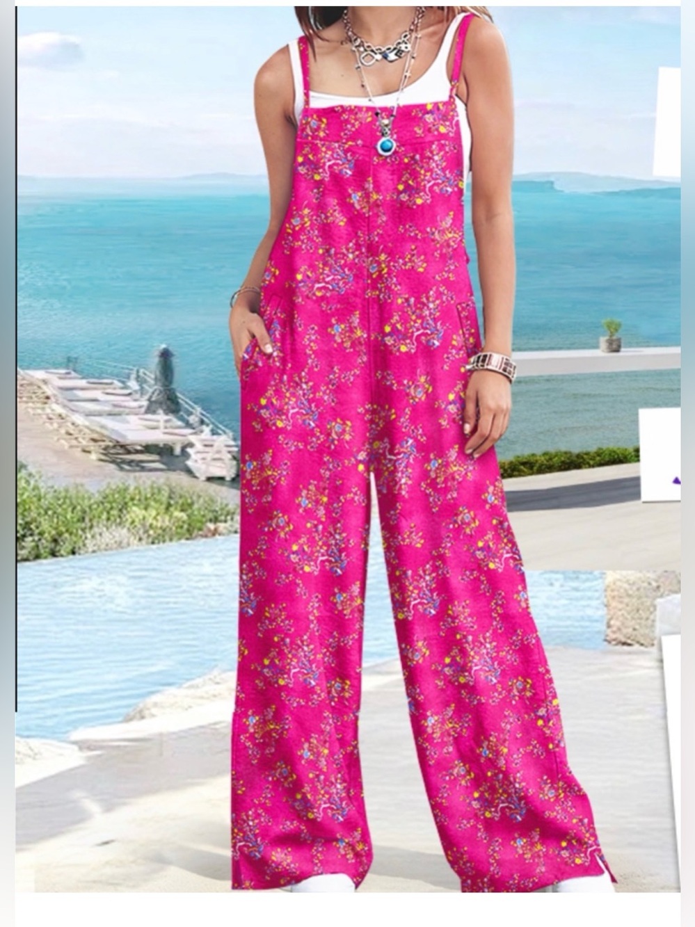 Women's Size S Pink Floral Boho Festival Wide-Leg Relaxed Jumpsuit Onesie